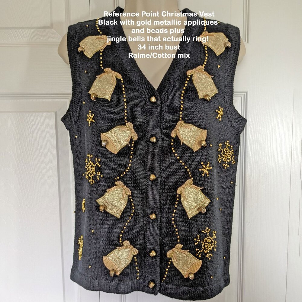 Reference Point Christmas Vest, Black, Gold appliques & beads, Jingling bells!